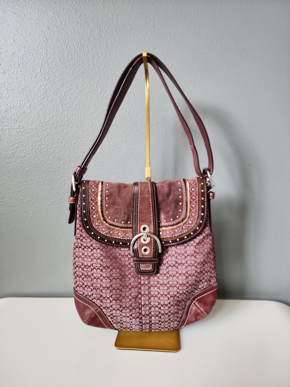Coach Soho Signature Canvas Suede Rivets Bag F11405 Y2K Burgundy Shoulder Bag
